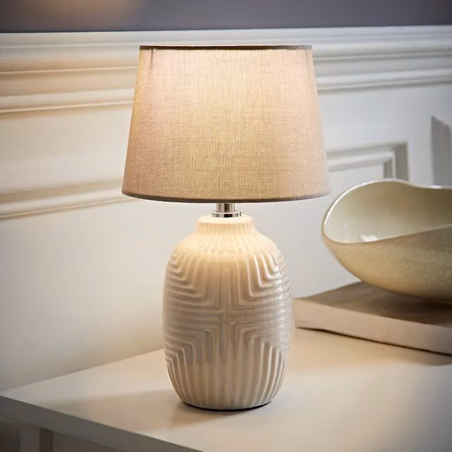 Harrison Small Geo Ribbed Gloss Ceramic Table Lamp with Tapered Shade and LED Bulb in Grey