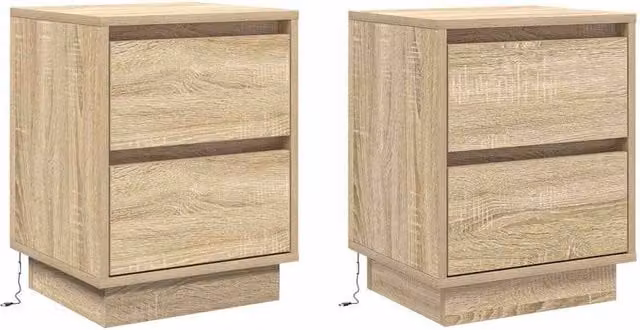 Berkfield Home Set of 2 Bedside Cabinets with Integrated LED Lights and Soft Close Drawers, Sonoma Oak, Light Tan, W/D/H: 39 x 34.5 x 50 cm – 1