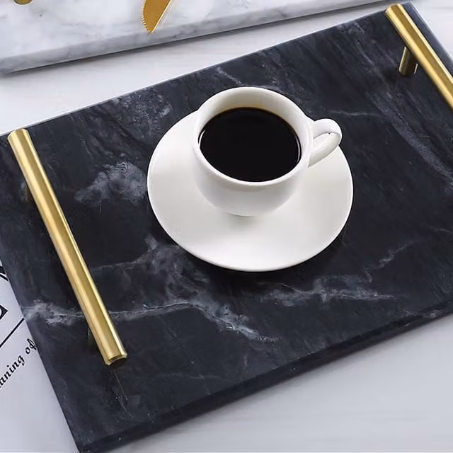 Maison Des Cadeaux Rectangular Black Marble Tray with Gold Metal Handles