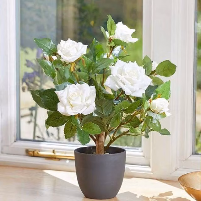 Marco Paul Artificial White Rose Tabletop Planter in Green and White, Height: 40 cm