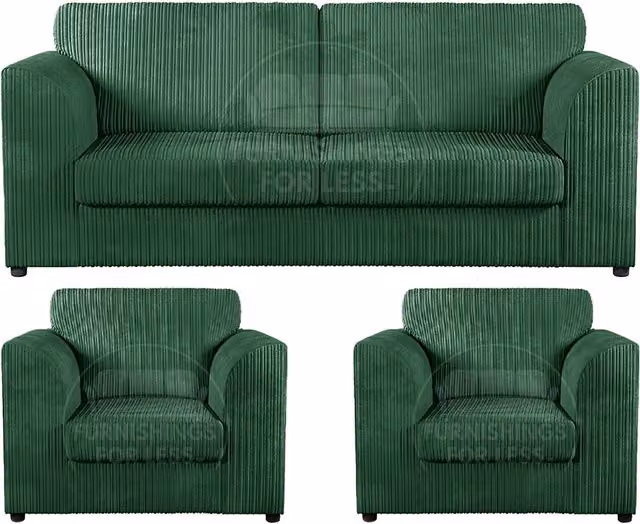 Furnishings For Less UK Luxor 3 Piece Sofa Suite in Green Jumbo Cord Fabric with 3 Seater Sofa and 2 Armchairs – 1