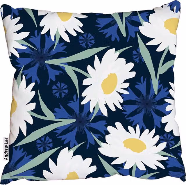 Andrew Lee Chamomile Floral Square Cushion in Blue and White, W/D/H: 60 x 60 x 1 cm