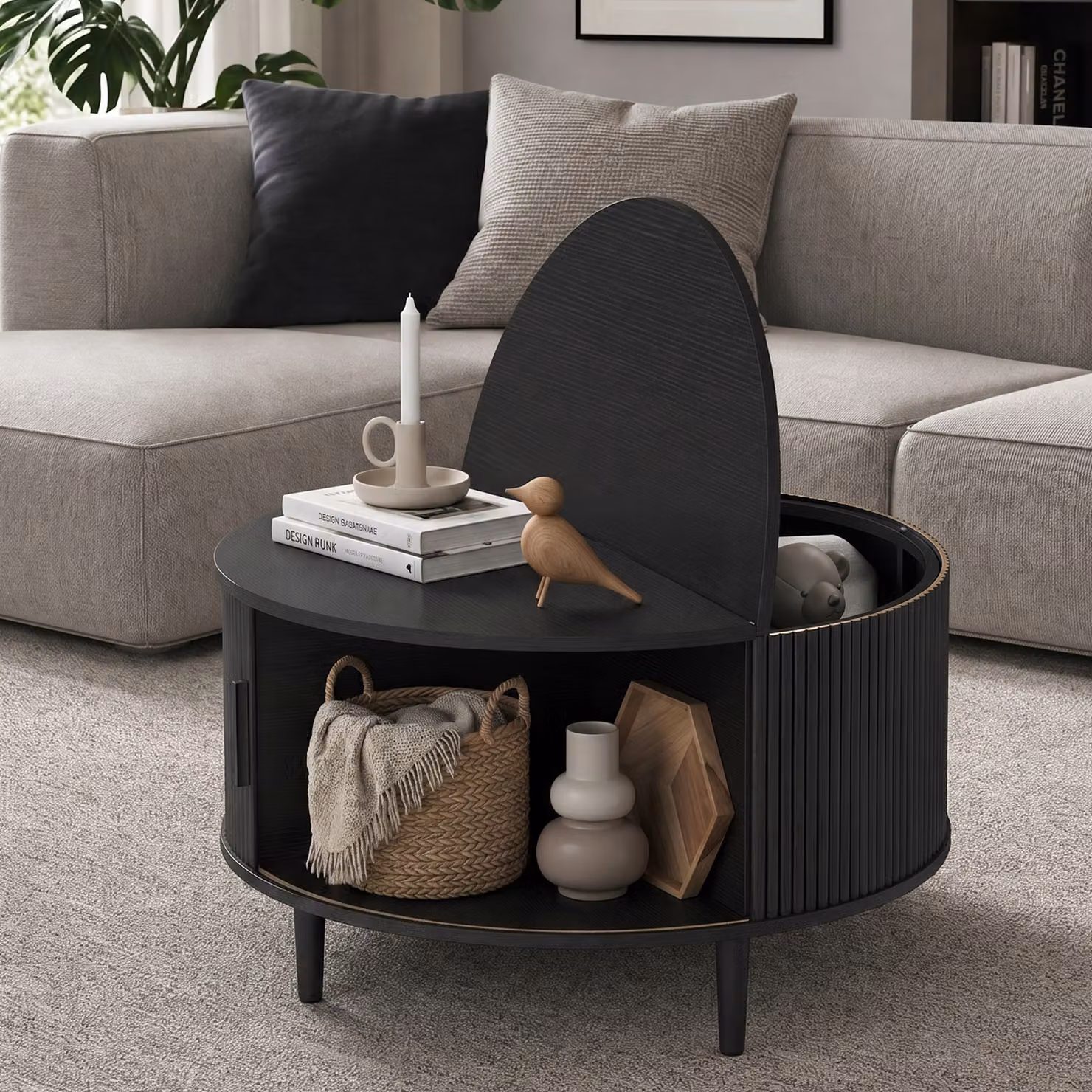 HOMCOM Round Coffee Table with Lift Top and Hidden Storage, Black Wood Effect, Diameter: 80 cm – 2