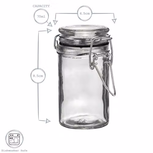 Argon Tableware Set of 6 Transparent Glass Storage Jars with Clip Lids and Heart Labels, 70ml – 3
