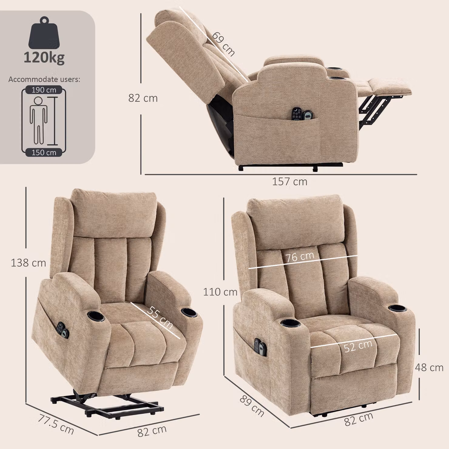 HOMCOM Power Lift Recliner Chair with Vibration Massage and Heat, Brown Chenille Riser Armchair for Seniors – 3
