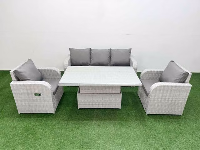 Fimous PE Rattan Garden Furniture Set in Light Grey with 3-Seater Sofa, Reclining Armchair, and Coffee Table