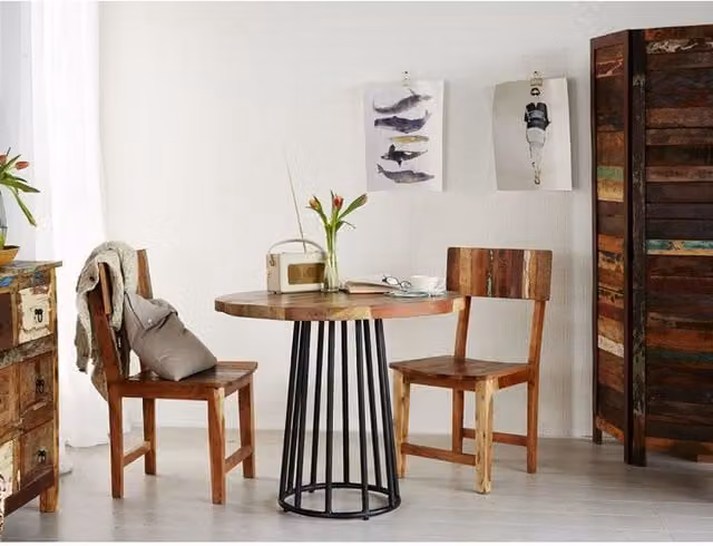 IH Design Rustic Reclaimed Wood Round Dining Table and 2 Chairs Set in Brown and Multicolour, W/D/H: 90 x 90 x 76 cm