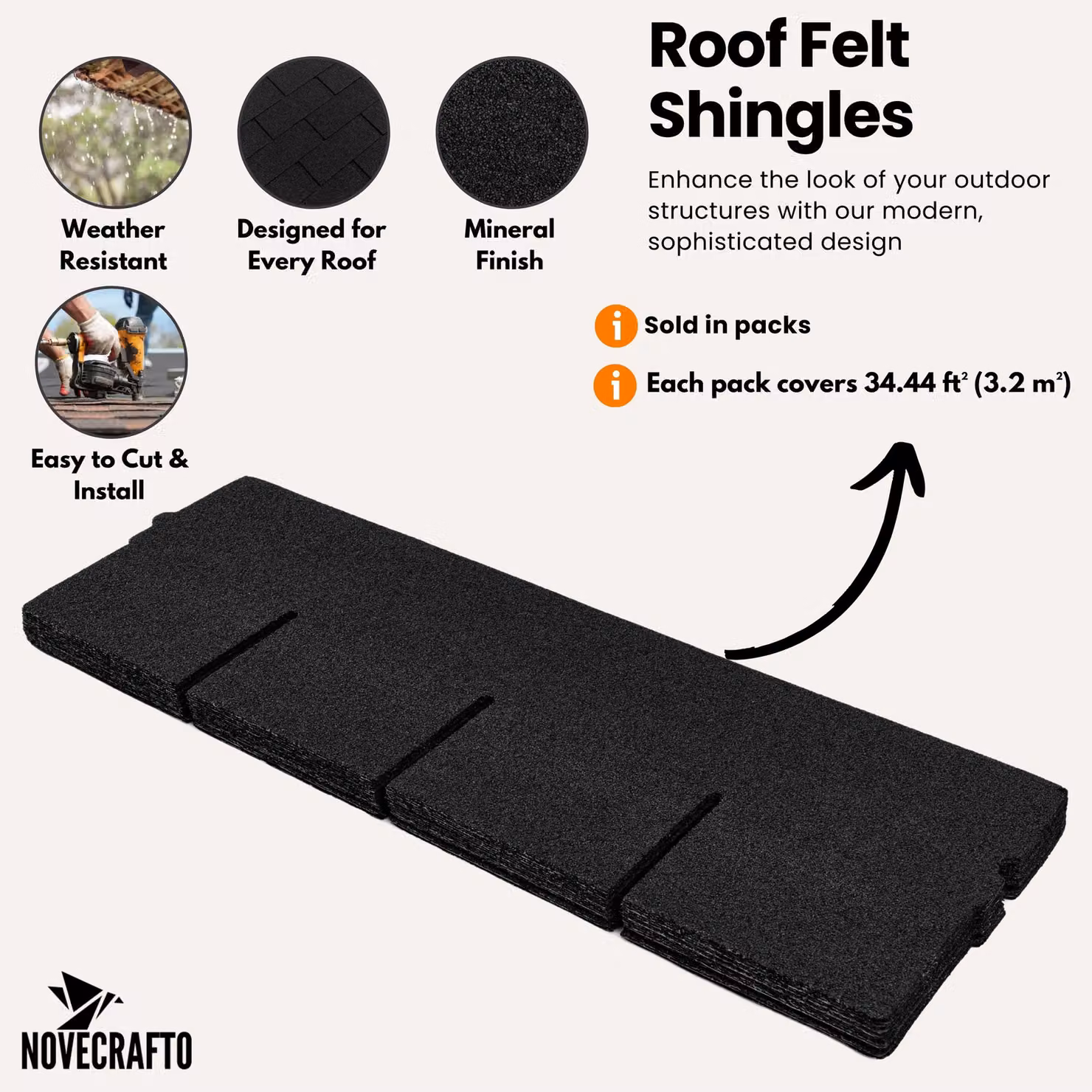 Novecrafto Heavy Duty Bitumen Asphalt Roof Shingles, Black, 20 Pieces, W: 100 cm, H: 34 cm – 3