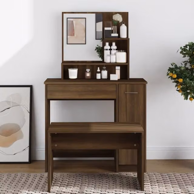 Berkfield Home Dressing Table with Mirror in Brown Oak, W: 86.5 cm, D: 35 cm, H: 136 cm