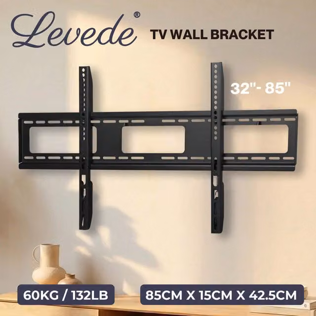 Levede Slim Fixed TV Wall Bracket for 32-85 inch Screens, Black Matt Steel
