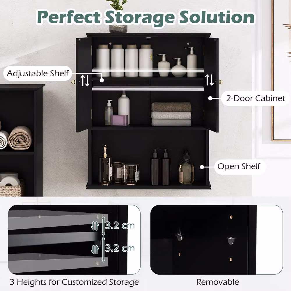 Costway Black Wooden Wall Mounted 2-Door Bathroom and Kitchen Medicine Cabinet with Internal Shelves – 7