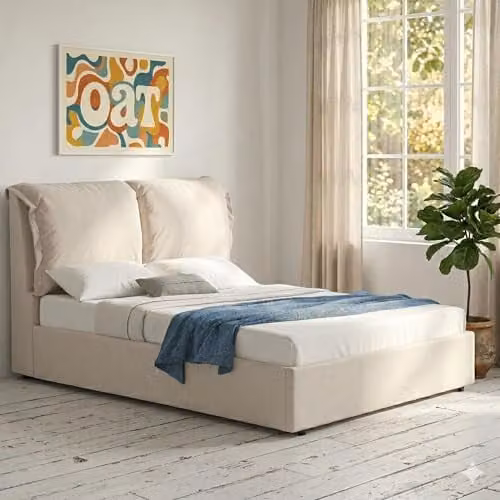 OAT Home Chester Ottoman Storage Bed Frame in Grey and Sand with Pillow Headboard Design, W/D/H: 140 x 200 x 145 cm – 1