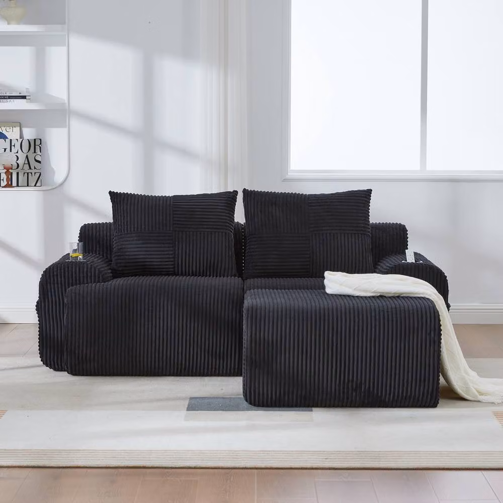 Matteo Modular 2-Seater Corduroy Sofa Set in Black with Matching Ottoman and Cup Holders – 7