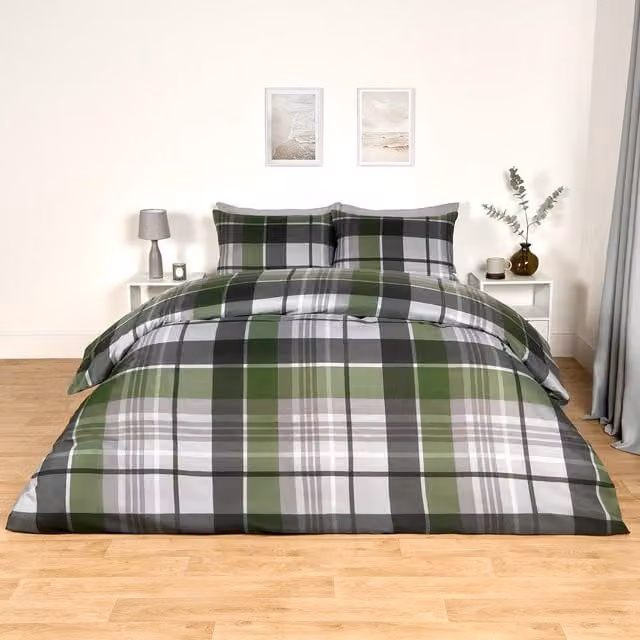 OHS Hamilton Checked Duvet Cover Set in Charcoal Grey and Green, W: 180 cm x L: 200 cm