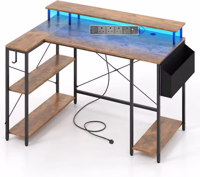 Gymax L-Shaped Gaming Desk with LED Lights in Brown – 1