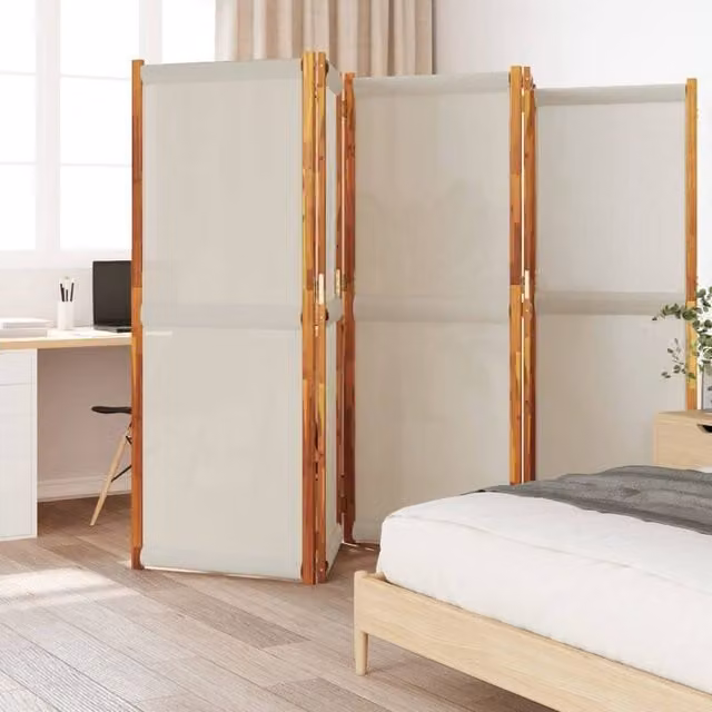 Berkfield Home 5-Panel Acacia Wood Room Divider in Light Grey, W: 350 cm, H: 180 cm