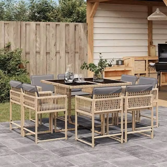 Berkfield Home 9 Piece Poly Rattan Garden Dining Set with Beige Cushions and Glass Top – 1