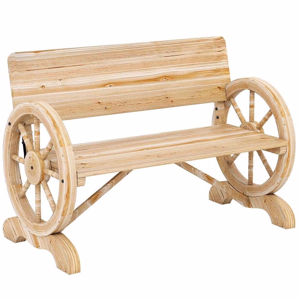 OUTSUNNY Natural Wood Garden Bench Loveseat with High Back and Armrests – 2