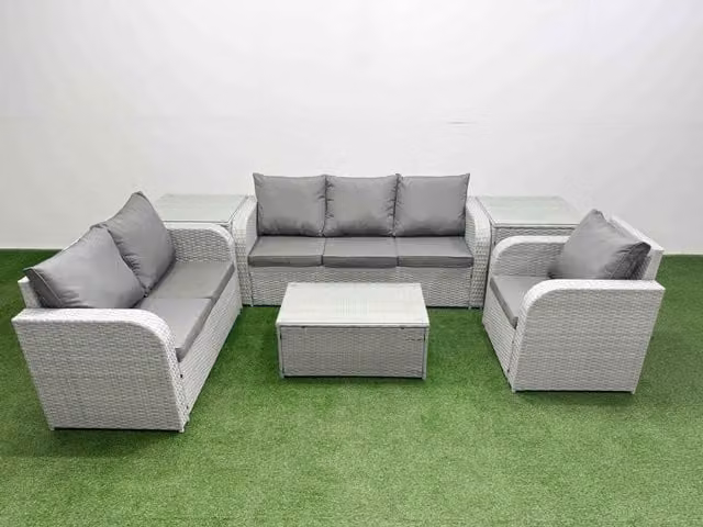 Fimous Patio 6 Seater Grey Rattan Outdoor Furniture Set with U-Shape Sofa, Reclining Chairs, Loveseat, 3 Seater Sofa and Rectangular Coffee Table