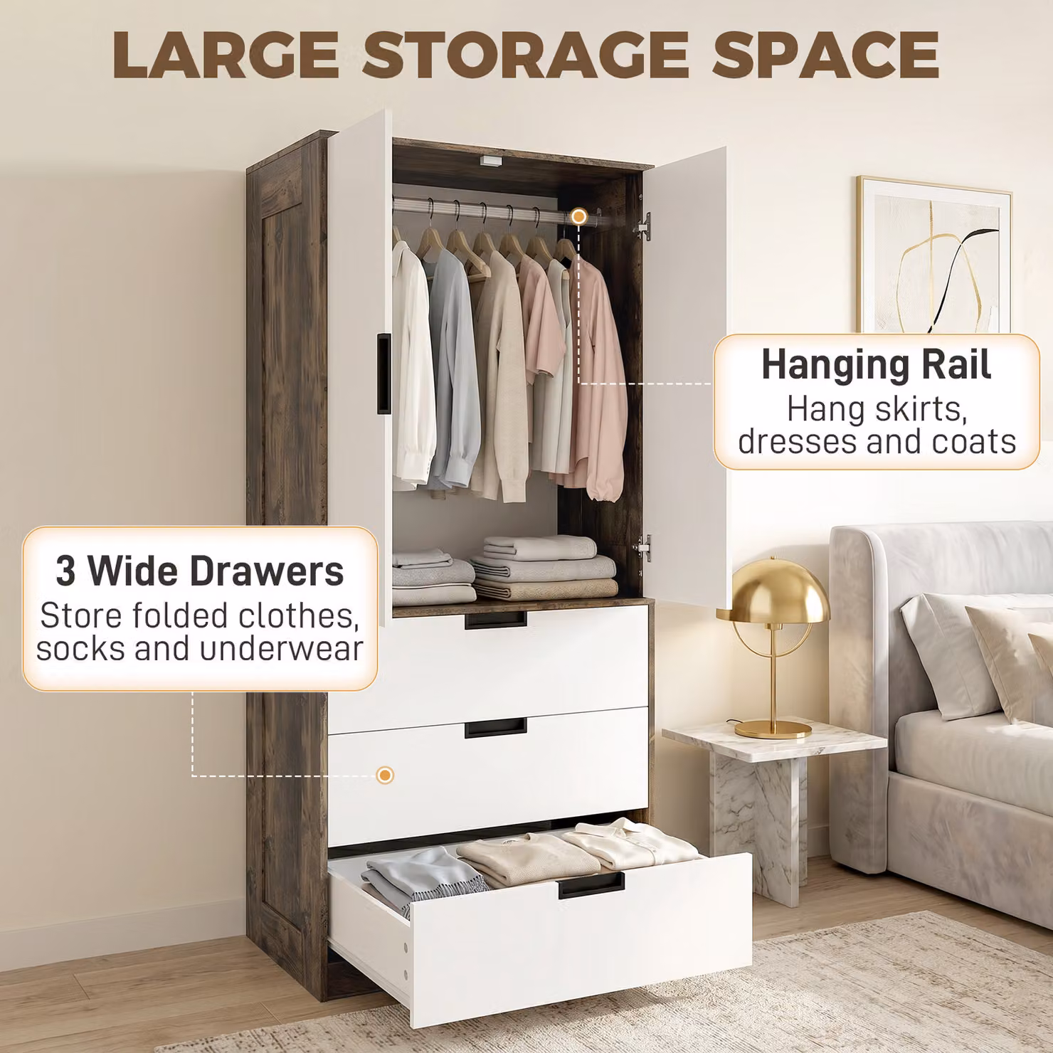 HOMCOM Modern Clothes Storage Cupboard with 2 Doors, 3 Drawers and Hanging Rod, Brown and White – 4