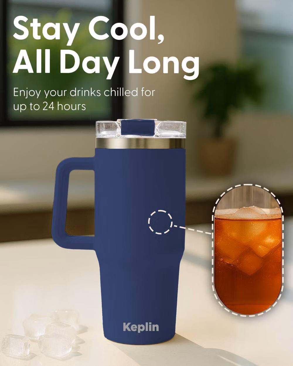 Keplin 40 oz Navy Blue Thermal Tumbler with Handle, Straw and Lid – 5