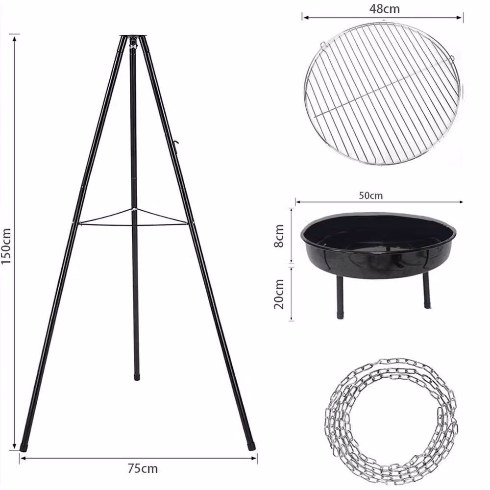 KORVIXA Black Steel Outdoor Cooking Fire Pit Hanging Grill and Fire Bowl, Diameter: 100 cm – 2