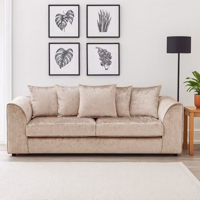 Furnishings For Less UK Crystal Crushed Velvet 3 Seater Sofa in Beige with Scatter Back and Curved Arms
