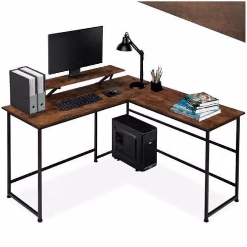 tectake Melrose Corner Desk with Movable Monitor Stand in Brown and Black, W/D/H: 140 x 130 x 76.5 cm – 1