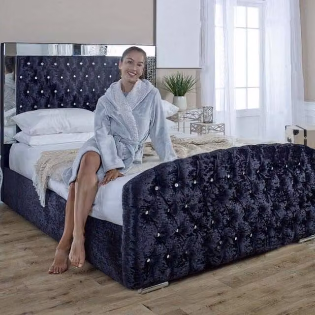 Paradise Beds Ltd Isabella Mirror Upholstered Ottoman Storage Bed in Black Velvet, W/D/H: 180 x 200 cm