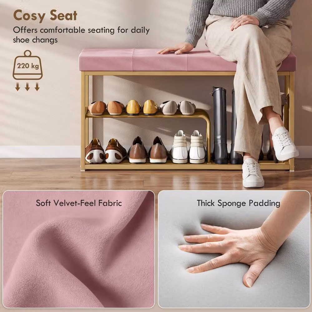 HOMCOM Pink Velvet Tufted Shoe Storage Bench with Seat Cushion – 3