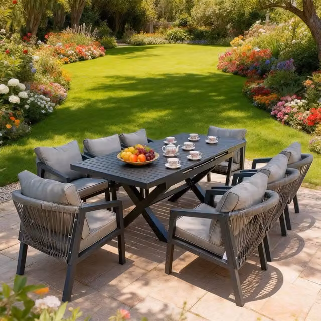 Furniture One Modern Grey Metal Garden Furniture Set with 1 Table and 8 Chairs
