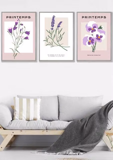 ARTZE Set of 3 Vintage Floral Spring Flower Market Wall Art in Grey and Purple, W: 45 cm, H: 62 cm, D: 2 cm