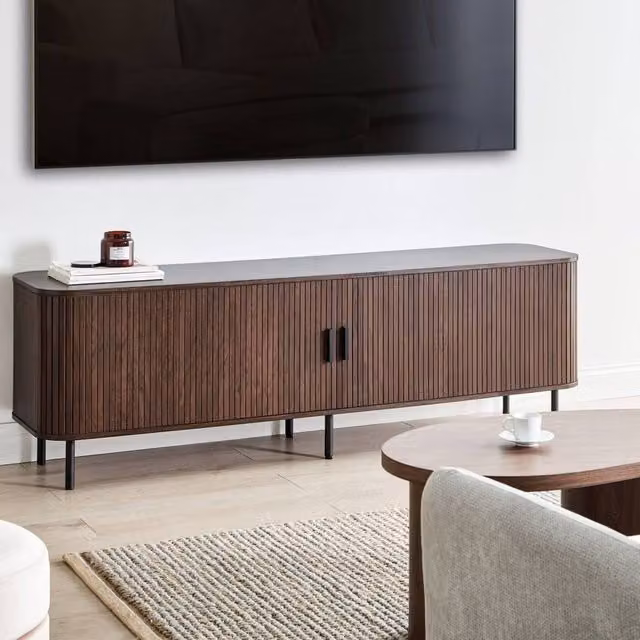 Wyld and Coco Retro TV Stand in Dark Brown with Black Metal Legs, Fits up to 70 inch – 1