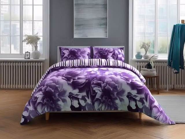 Home Sweet Home UK Reversible Polycotton Duvet Cover and Pillowcase Set with Striped Design in Purple, W/H: 135 x 200 cm