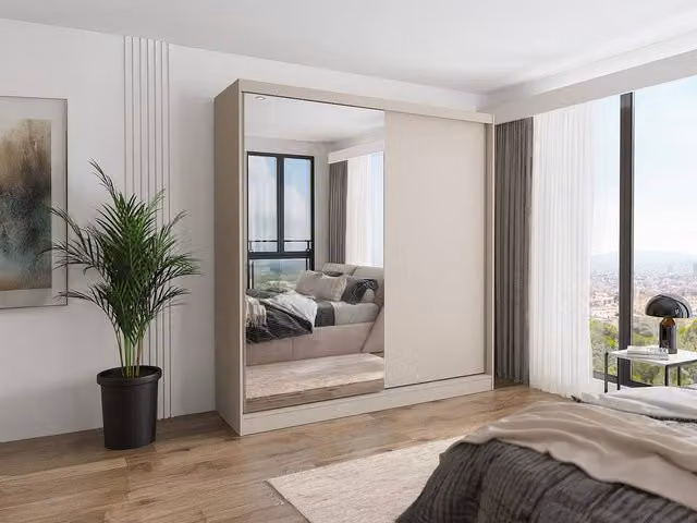 Vente-unique OCHIRA 2-Door Sliding Wardrobe with Mirror in Beige, W: 200.2 cm, D: 58.5 cm, H: 215.6 cm – 1