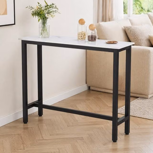 STILVORA Modern Rectangular Bar Table with White Marble Grain Top and Metal Structure, W: 120 cm x D: 100 cm