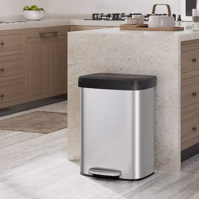 London Boutique 50L Stainless Steel Step-on Kitchen Trash Can with Soft-Close Lid in Silver