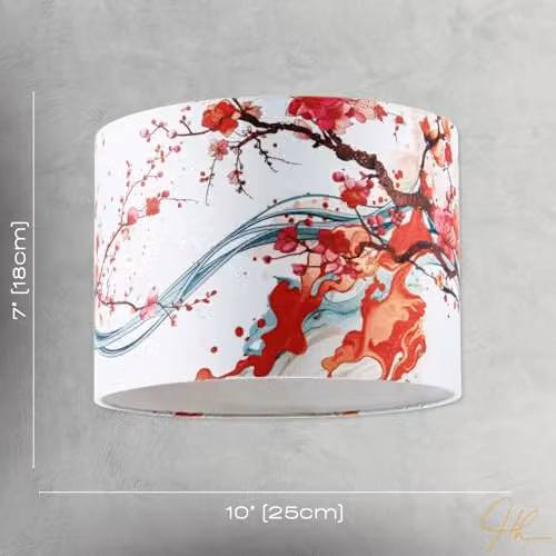 Happy Homewares Red Cherry Blossom Watercolour Japanese Themed Fabric Drum Lamp Shade, W: 18 cm, H: 25 cm – 3