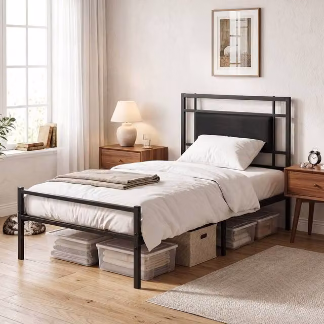 Gymax Single Bed Frame with Upholstered Headboard and Metal Slats, Black, 90 x 200 cm – 1