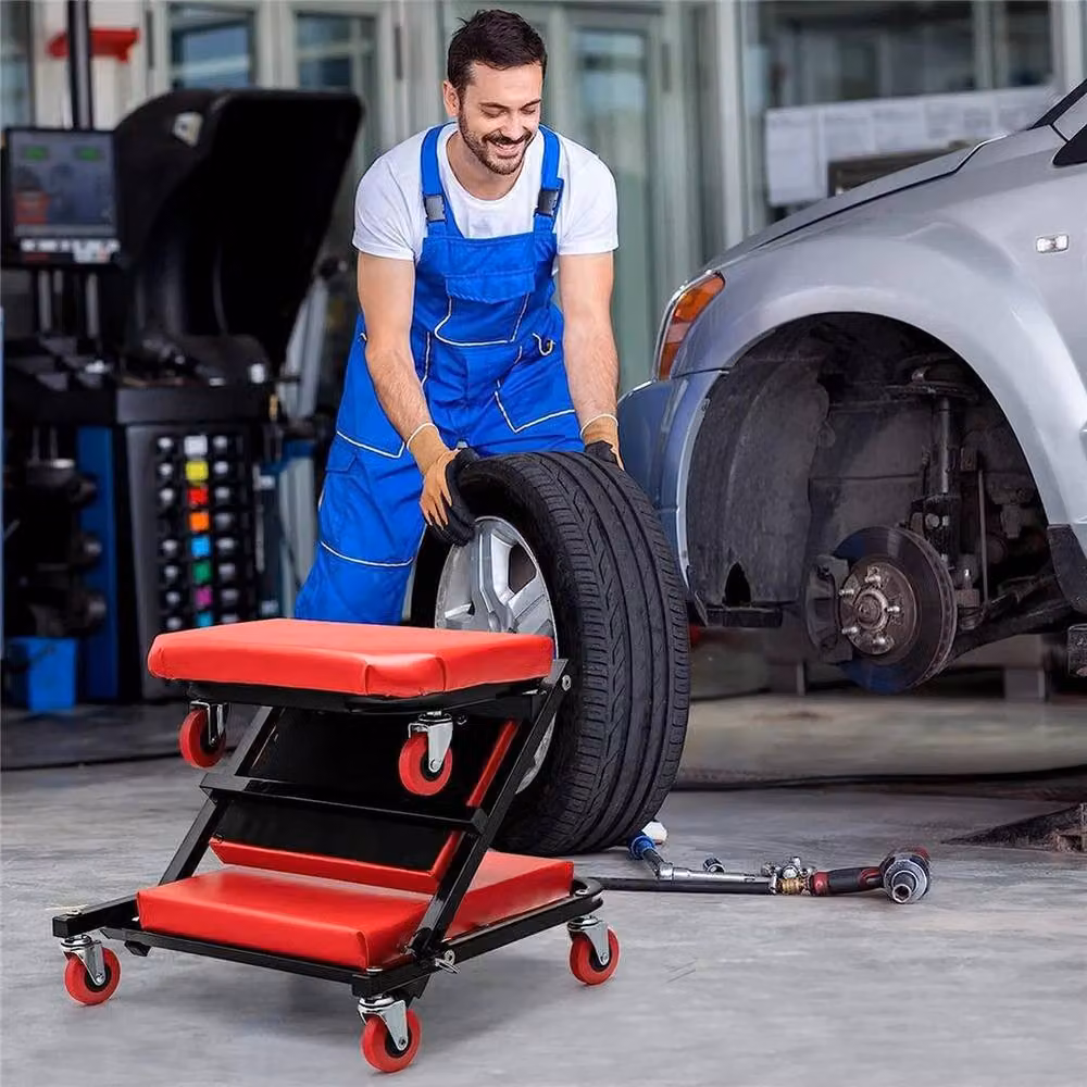 FLAVORA 6-Wheel Folding Mechanic Creeper Stool in Red, W: 52 cm, D: 52 cm, H: 52 cm – 5