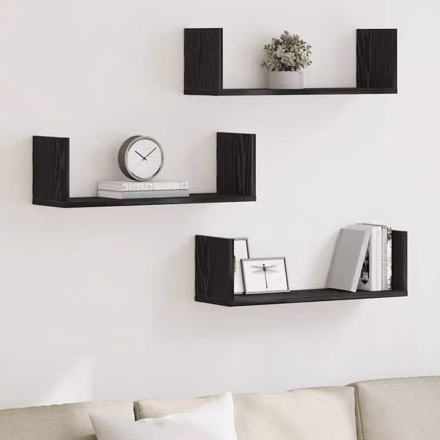 Berkfield Home Set of 3 Wall Mounted Shelves in Black Oak, W: 58 cm, D: 18 cm, H: 18 cm