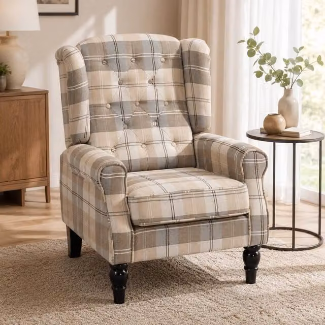 STILVORA Classic Tub Armchair with Tufted Fabric Back and Solid Wood Frame in Beige