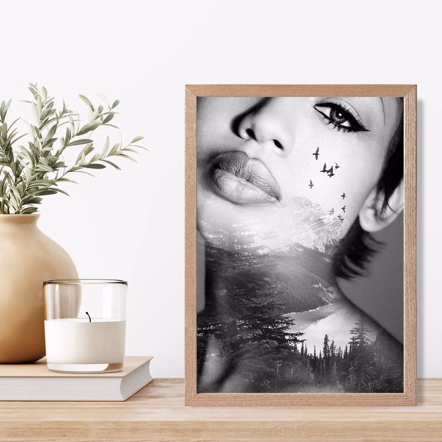 ARTZE Abstract and Forest Fashion Black and White Framed Photo Print with Oak Wood Frame – 2
