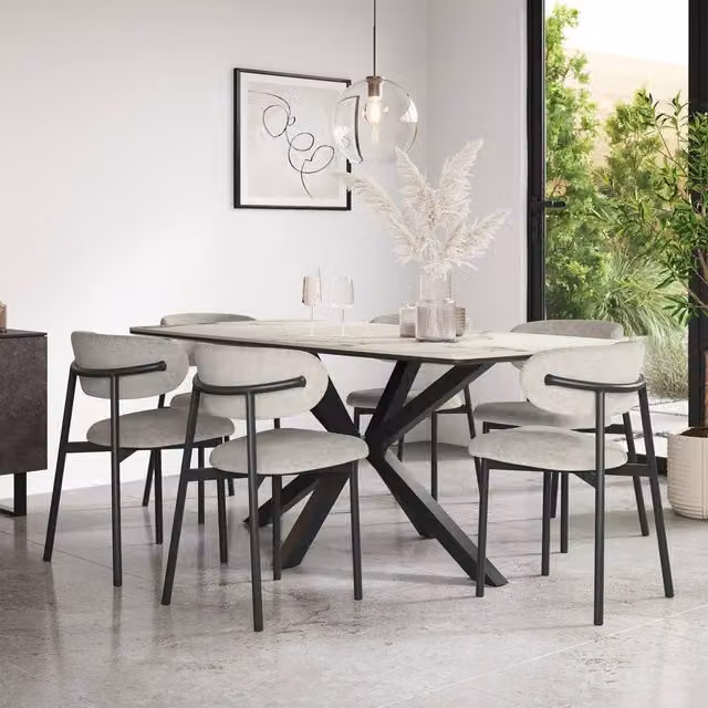 More4Homes Juno Calcutta Gold Ceramic Dining Table with Myla Grey Linen Dining Chairs Set of 6, W: 180 cm, D: 90 cm, H: 75 cm – 1