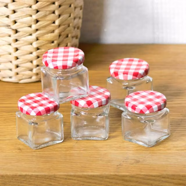 GEEZY Pack of 5 Mini Glass Storage Jars with Leakproof Screw Top Lids in Transparent, Red and White