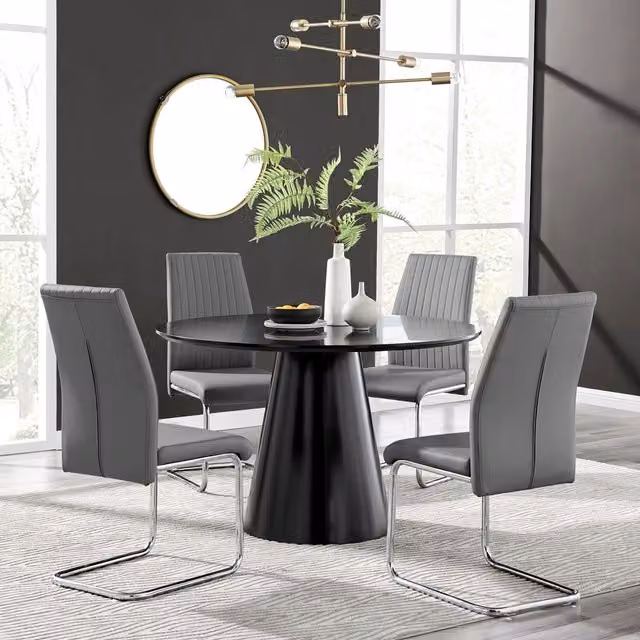 FurnitureboxUK Palma Black Semi Gloss Round Dining Table and 4 Lorenzo Chairs in Grey