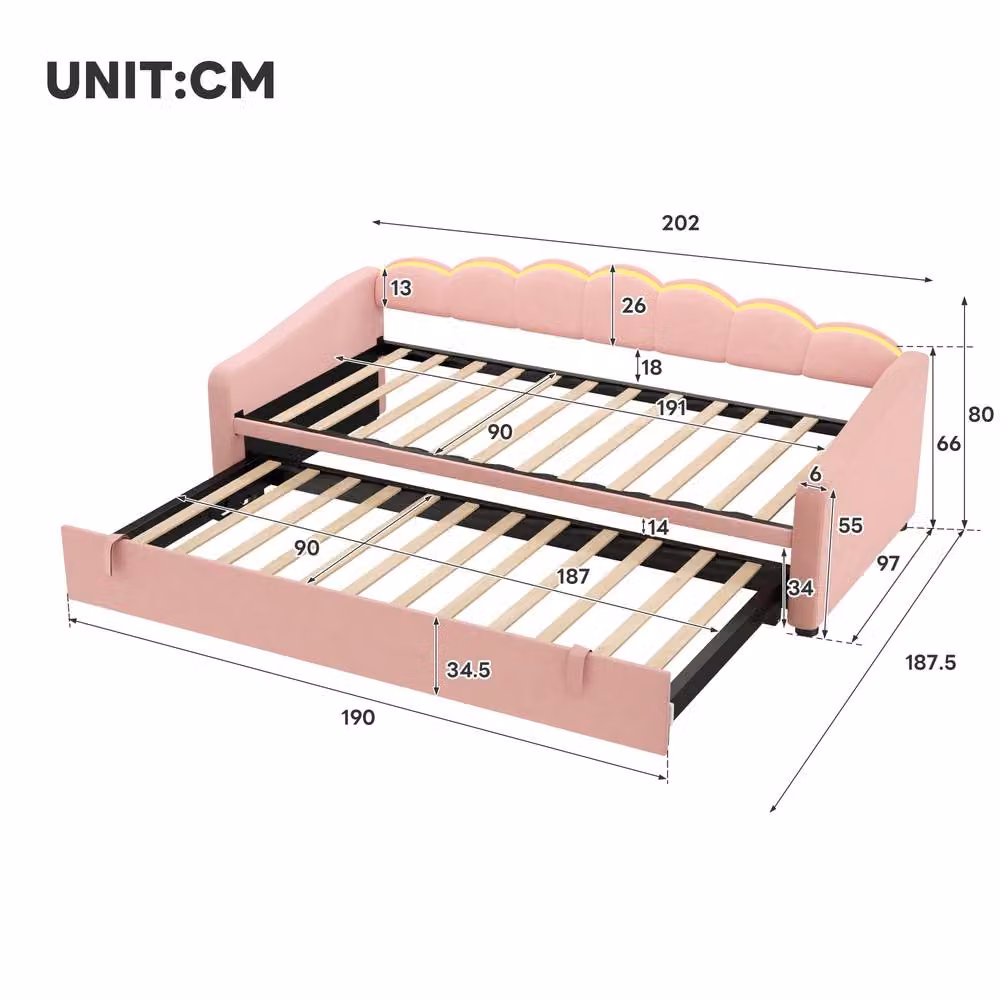 STILVORA Pink Velvet Single Daybed with Trundle and LED Under-Bed Lighting, W/D/H: 90 x 190 x 91.44 cm – 3