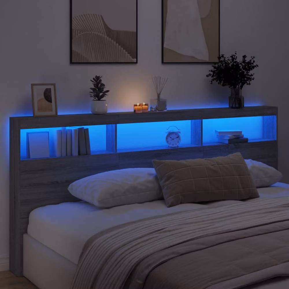 Berkfield Home Modern Headboard Cabinet with LED Lighting and USB Charging Port in Grey Sonoma, W/D/H: 220 x 17 x 102 cm – 3