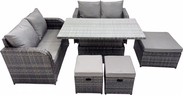 Fimous 7-Seater Rattan Garden Furniture Dining Set with 3 Stools in Dark Grey