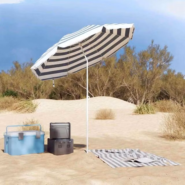 Berkfield Home White Beach Parasol with Metal Pole, Blue and White Striped Polyester, W: 161 cm, D: 193 cm